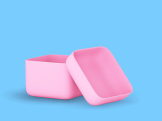 3D plastic pink open gift box on blue background. Present for Christmas, birthday or wedding surprise. Concept of holiday celebrations or Xmas festivities. EPS 10, vector illustration