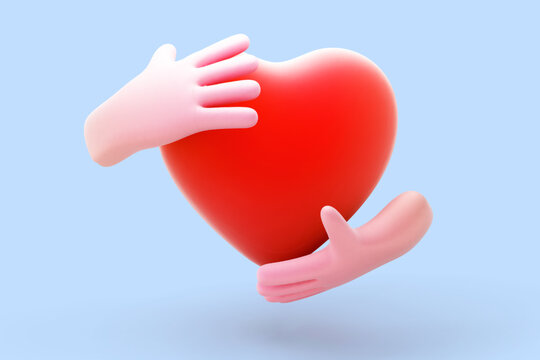 3D cartoon human hands holding red heart on blue background. Abstract concept of wedding, friendship and family. Two cartoon style funny open woman palms hugging heart. Vector illustration.
