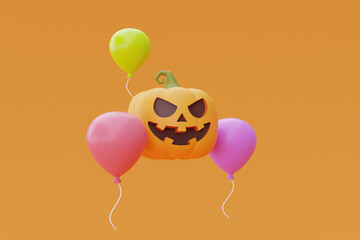 Happy Halloween with Jack-o-Lantern pumpkins and colorful balloon floating, traditional october holiday, 3d rendering.