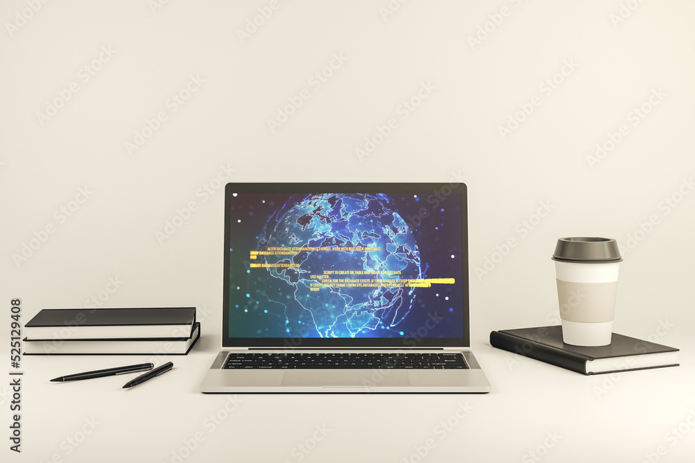 Poster modern computer display with abstract software development hologram and world map, global research a