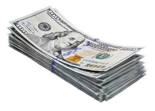 Stack of 100 dollar bills isolated on transparent background. 3D illustration