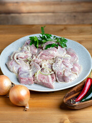Raw marinated turkey meat with onion, parsley, dill on wooden background with vegetables  