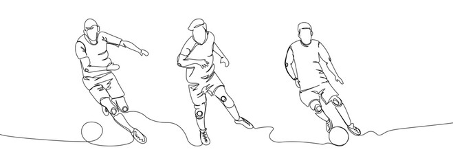Soccer players set one line art. Continuous line drawing game, sport, football, activity, ball, training, running, cleats, striker, forward, winger, midfielder.