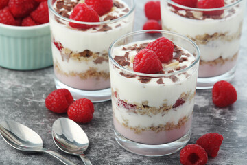 Granola with yogurt trifles with raspberry