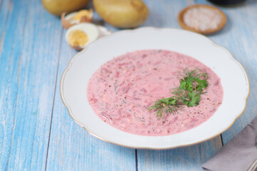 A plate with cold beetroot soup - national dish of Baltic region