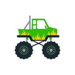 Set of monster trucks. Vector pickup truck with big wheels Cartoon car design ideas for boys.