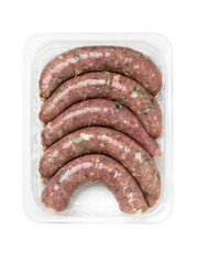 Turkey meat sausages in food container on white background. Top view.