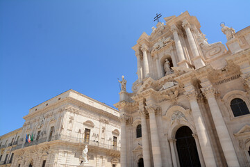 Fototapeta premium Syracuse is a city in Sicily where Archimedes was born. It is known for the ruins of antiquity. Here the Duomo in the peninsula of Ortigia which is the ancient center.