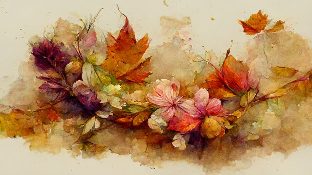 Autumn watercolor floral background. Vintage watercolour autumn painting