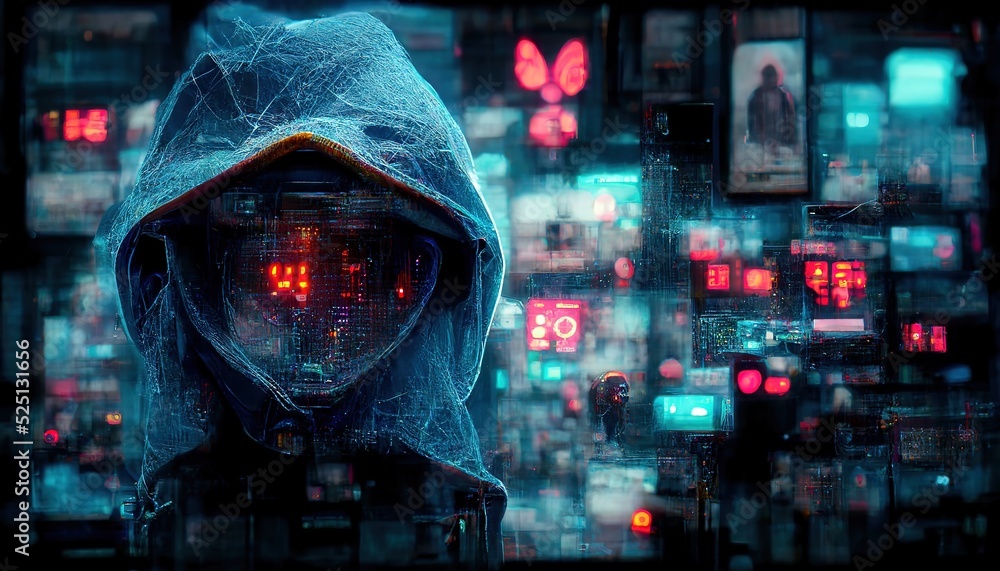 Poster A dangerous hacker in a hood is hacking into data servers. The concept of cyberwar hackers with a hood of the dark web. 3d render