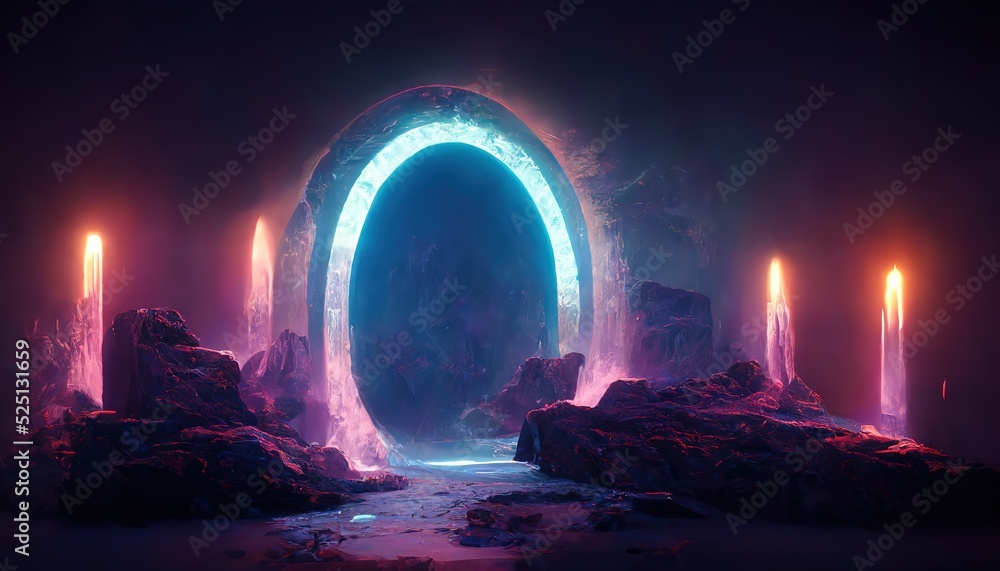 Poster portal from another dimension against the background of the sea. neon space galaxy portal. 3d illust