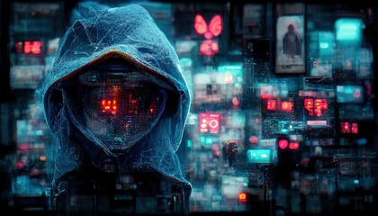 A dangerous hacker in a hood is hacking into data servers. The concept of cyberwar hackers with a hood of the dark web. 3d render - obrazy, fototapety, plakaty