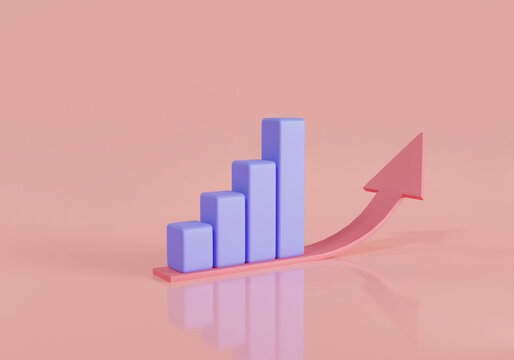 Bar chart with arrow up icon isolated on pink background. Data analysis concept. Growing bars, statistic bar icon, growth business success. 3d render illustration. cartoon minimal style
