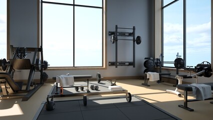 3d rendering Modern light gym. Sports equipment in gym. Barbells of different weight on rack.