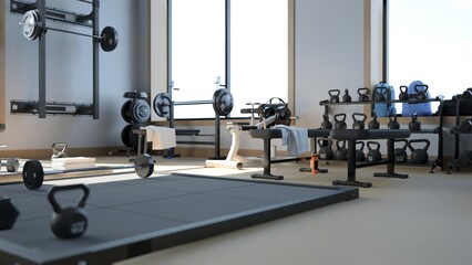 Fototapeta premium 3d rendering Modern light gym. Sports equipment in gym. Barbells of different weight on rack.