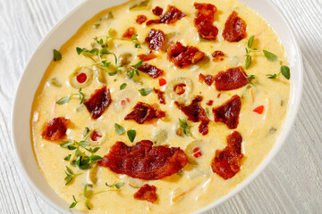 Beer cheese soup in bowl, top view