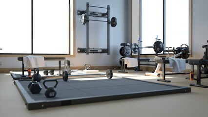 3d rendering Modern light gym. Sports equipment in gym. Barbells of different weight on rack.