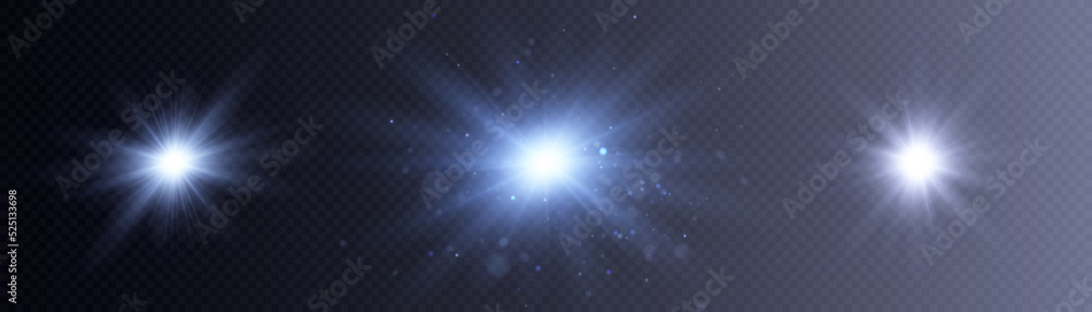 Poster glowing light effects collection of blue stars and glare translucencies. optical flare objects vecto