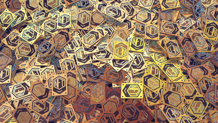 Heap of glowing golden NFT signs digital background