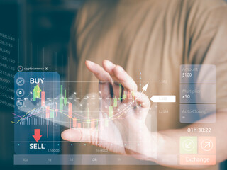 Stock chart analysis or forex currency trading concept. Man using hand to analyze the stock chart, compare benefit or profit of growth chart. Candle-stick chart shows BUY-SELL in virtual screen.