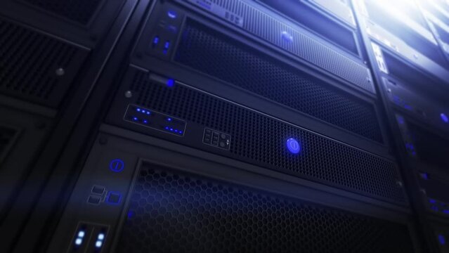 Close up View of Led Lights Blinking on Working Data Center Computers. Rows of Rack Servers. ISP.  Cloud Computing Data Storage 3D Rendering. Internet Of Things, Telecommunication.
