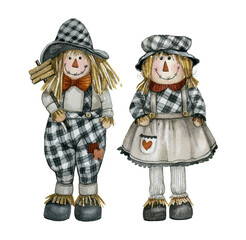 Watercolor farmhouse couple scarecrow illustration isolated on white. Autumn harvest American style girl and boy scarecrow.Thanksgiving fall background for card, invitation, and country graphics.