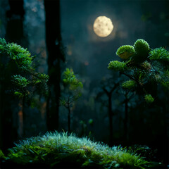 The primeval forest and plants that grow on the ground, and the moon casts cool lighting in the background