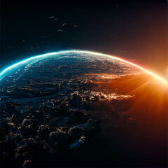 A planet with a view from space, cool things are happening on the planet and the sun on the background of the planet