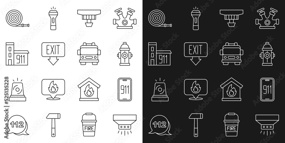 Sticker Set line Fire sprinkler system, Mobile emergency call 911, hydrant, Smoke alarm, exit, Building of fire station, hose reel and truck icon. Vector