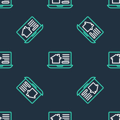 Line Online real estate house on laptop icon isolated seamless pattern on black background. Home loan concept, rent, buy, buying a property. Vector