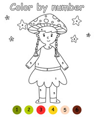 Color by number game for kids. Children in costume mushroom amanita. Halloween party. Printable worksheet with solution for school and preschool. Learning numbers activity.