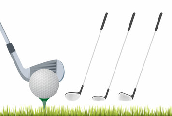 Set of Different Golf Clubs and a Golf Ball on Tee