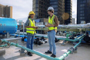 Team of engineers is inspecting the air conditioning cooling system of a large building or industrial plant.