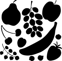Simple fruits and berries black silhouettes isolated on white background set. Strawberry, banana, apple, pear, cherry, black currant, apricot, blueberry, grapes illustrations. Vector collection