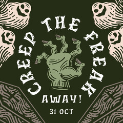 Halloween social media invitation in style doodle vintage, Social media feed with zombie hand, spooky, and coffin illustration.