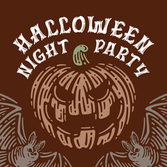 Halloween social media invitation in style doodle vintage, Social media feed with pumpkin and bat.