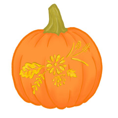 Halloween pumpkin, floral carving on a pumpkin, carved pumpkin, pumpkin lantern.