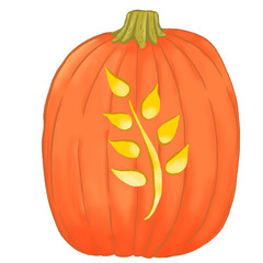 halloween pumpkin, leaf carving on a pumpkin, carved pumpkin, pumpkin lantern.