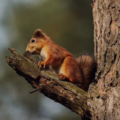 Portrait of a small red forest squirrel on a tree branch.