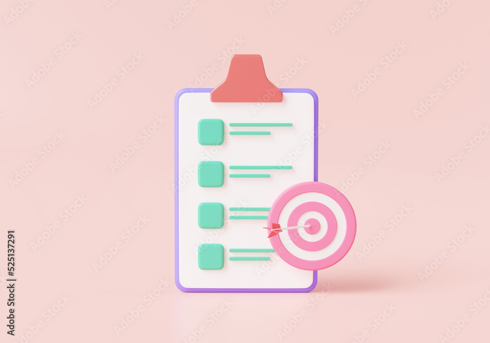 Poster 3d clipboard with checklist and target. assignment target icon, project development, business market