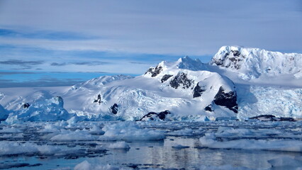 Fototapeta na wymiar Icebergs floating in the bay, at the base of a snow covered mountain, at Cierva Cove, Antarctica