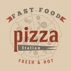 Pizza logo, label on pizza packaging on a craft background.