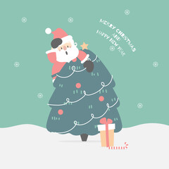 merry christmas and happy new year with cute santa claus and christmas tree pine in the winter season green background, flat vector illustration cartoon character costume design