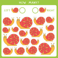 Simple educational game for kids. Count how many snails goes to the left and to the right and write the result. Vector worksheet