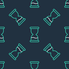 Line Old hourglass with flowing sand icon isolated seamless pattern on black background. Sand clock sign. Business and time management concept. Vector