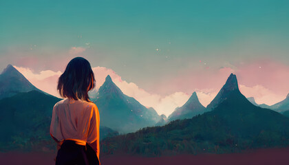 anime, manga, girl, lofi, lo-fi, beautiful, looking, distance, chill, romantic, landscape, colorful, atmospheric, relaxing, vibe, woman, drawing, digital painting, sad, moody, happy, feelings, 