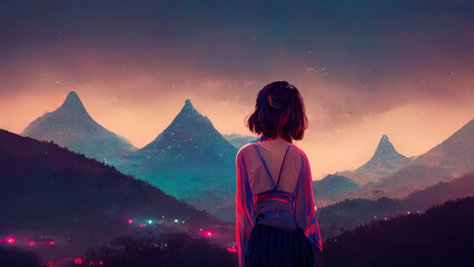 Anime girl looking at a mountain landscape. Atmospheric, moody feeling. Manga, lofi style. Sad beautiful background. 4K chill sunset. Cute girl at dusk. - obrazy, fototapety, plakaty
