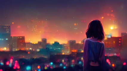 Naklejka premium Anime girl looking at a city by night. Cute woman looking at the cityscape by night time. A sad, moody. Manga, lofi style. Happy beautiful background. 4K city with buildings.