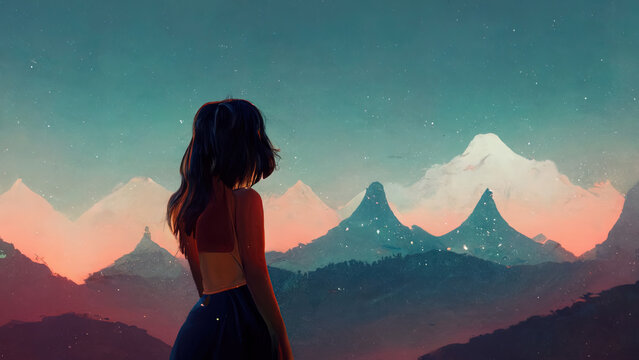 Anime, Manga, Girl, Lofi, Lo-fi, Beautiful, Looking, Distance, Chill, Romantic, Landscape, Colorful, Atmospheric, Relaxing, Vibe, Woman, Drawing, Digital Painting, Sad, Moody, Happy, Feelings, 