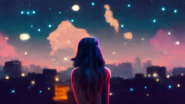 Premium Photo  Cute anime woman looking at the cityscape by night